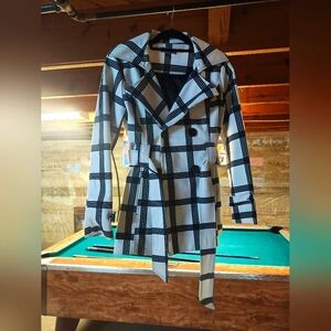 White With Black Grid Pea Coat